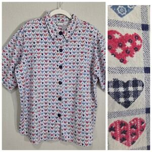 Vintage Shirt Separate Issue Women XL Short Sleeve Heart Print Cotton Button Up